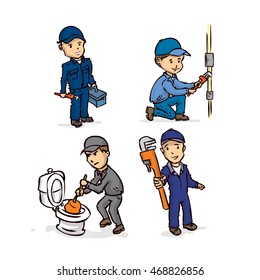 Plumber set. Hand drawn cartoon vector illustration.