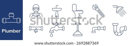Plumber set icon. Worker, sink, toilet, wrench, shower, pipe, leak, tap, plunger, trap. Repair, water, tool, job, maintenance, bathroom, service, drain, fix, construction.