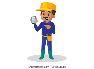 Plumber is showing a mobile phone. Vector graphic illustration. Individually on white background.