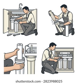 A plumber is shown installing a water filter system under a kitchen sink, demonstrating the process step by step.
