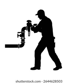 Plumber silhouette repairing pipe wrench tool.