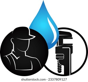 Plumber silhouette, water drop and wrench. Design for plumbing repair
