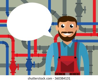 Plumber, speech bubble and pipes background. Isolated vector illustration in flat style design