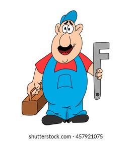 Plumber standing he is holding in his hands the key and set the tool