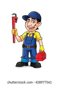 plumber was standing holding a pipe wrench and tools with a smile