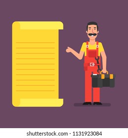 Plumber stands near list and indicates hand holds suitcase. Vector Illustration.