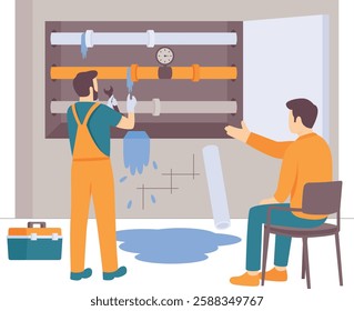 plumber supervisor actively repairing leak in underground tubes concept,engineer Wearing gloves and vector design, plumbing worker banner, Handyman Services scene, HVAC technician Stock illustration - Powered by Shutterstock - Get 15% off with code: PIKWIZARD15