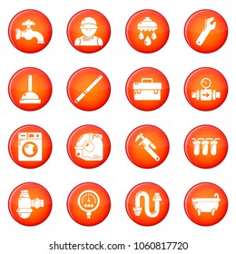 Plumber symbols icons set vector red circle isolated on white background 