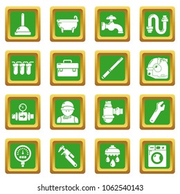 Plumber symbols icons set vector green square isolated on white background 