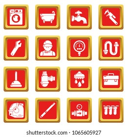 Plumber symbols icons set vector red square isolated on white background 