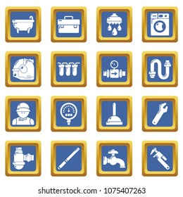 Plumber symbols icons set vector blue square isolated on white background 