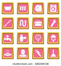 Plumber symbols icons set vector pink square isolated on white background 