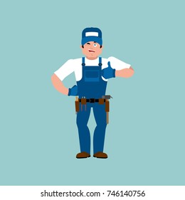 Plumber thumbs up. Fitter winks emoji. Service worker Serviceman cheerful. Vector illustration
