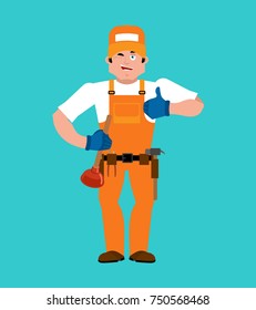 Plumber thumbs up. Fitter winks emoji. Service worker Serviceman cheerful. Vector illustration
