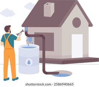 Plumber tightening or loosening connection pipe of Storage Tank on Roof concept, Rooftop Rainwater storage vector design, plumbing worker banner, Handyman Services scene, HVAC technician illustration