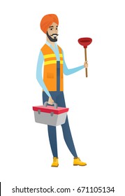 plumber with toilet plunger and tool box. Full length of young smiling plumber in headscarf holding plunger and tool box. Vector flat design illustration isolated on white background.