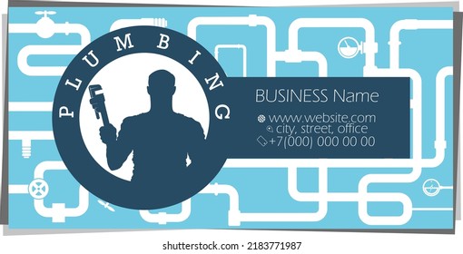 Plumber with a tool on the background of water pipes. Business card for plumbing repair and service