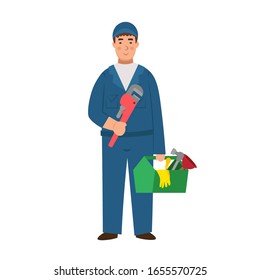 Plumber with tools cartoon flat character, vector illustration.