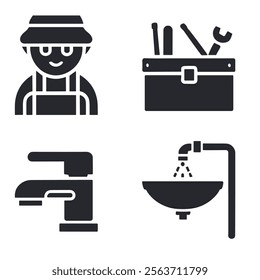 Plumber Tools and Plumbing Fixtures Icons