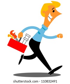Plumber with tools rushing to a repair job
