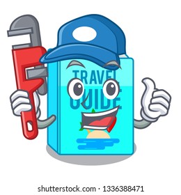 Plumber travel guide book above table cartoon