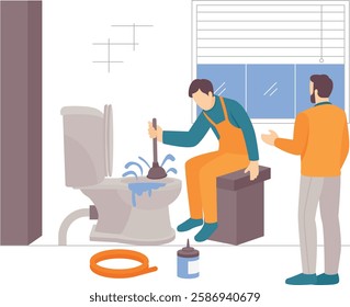 plumber unclogging toilet with plunger while water splashes out concept homeowner gesturing asking for blockage vector design plumbing worker banner Handyman Service scene HVAC technician illustration