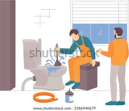 plumber unclogging toilet with plunger while water splashes out concept homeowner gesturing asking for blockage vector design plumbing worker banner Handyman Service scene HVAC technician illustration