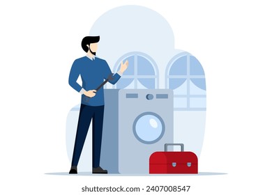 Plumber in uniform with repair equipment working with household equipment. repair service worker repairing or connecting washing machine and dishwasher in kitchen. Flat vector illustration.