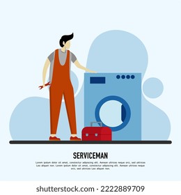 Plumber in uniform with repair kit working with household appliances. repair service workers repair or plug in washing machines and dishwashers in the kitchen. Vector illustration