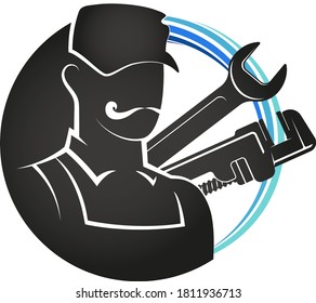 Plumber in uniform with wrenches symbol for repair and service
