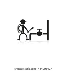 Plumber and the valve on the pipe. Vector icon.