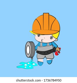 plumber vector illustration of cute chibi character isolated for kids learn jobs. Background, t-shirt, card and sticker profession