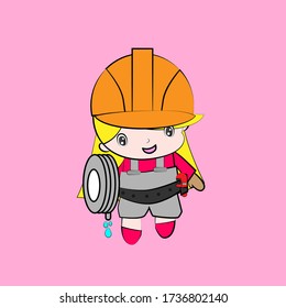 plumber vector illustration of cute chibi character isolated for kids learn jobs. Background, t-shirt, card and sticker profession