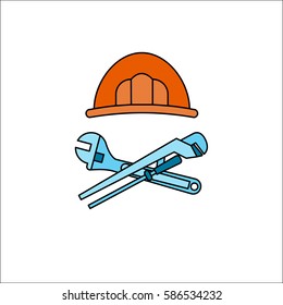Plumber Vector illustration Plumber's helmet and adjustable wrench crossed with pipe wrench on white background Thin line