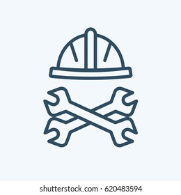 Plumber Vector illustration Plumber's helmet and adjustable wrench crossed with pipe wrench lineart