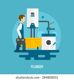 Plumber with washing machine bath and pipe system icon flat vector illustration