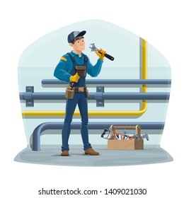 Plumber and water pipes, plumbing repair service worker with work tools. Vector plumber, water and gas supply pipes inspector with wrench and tools box, home sewage pipeline maintenance
