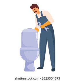 Plumber wearing gloves is holding a wrench and repairing a toilet bowl in a bathroom