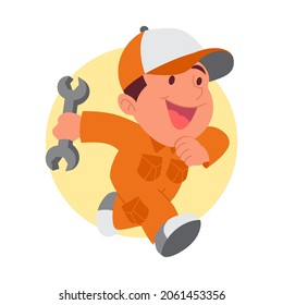 Plumber wearing orange shirt running and carries a spanner in his hand. Vector image