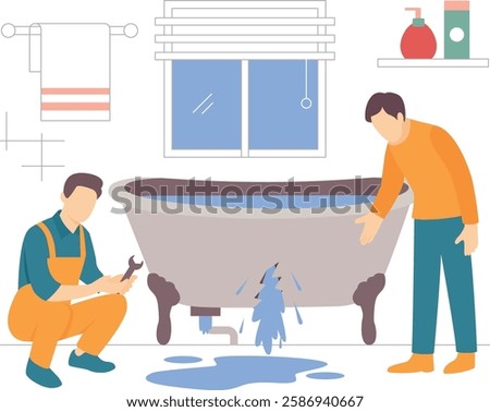 plumber wearing overalls crouched down checking bathtub crack concept, Homeowner Gesturing towards leak expressing worry vector design, plumbing worker banner Handyman Services scene HVAC illustration