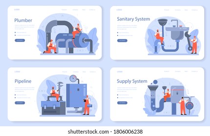 Plumber web banner or landing page set. Plumbing service, professional repair and cleaning of plumbing and bathroom equipmen. Vector illustration.