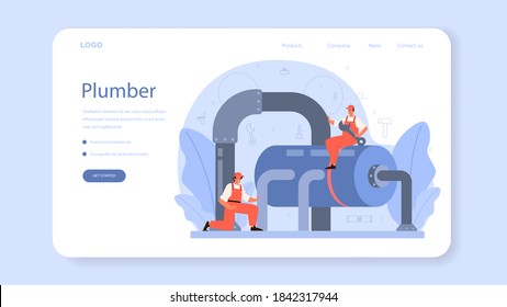 Plumber web banner or landing page. Plumbing service, professional repair and cleaning of plumbing and bathroom equipmen. Vector illustration.