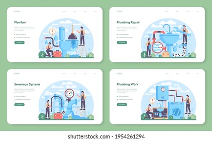 Plumber web banner or landing page set. Plumbing service, professional repair