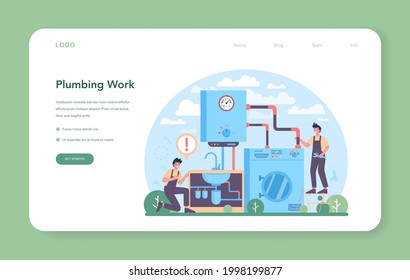 Plumber web banner or landing page. Plumbing service, professional repair and cleaning of bathroom equipment and sewerage systems. Vector illustration.