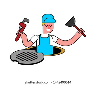 Plumber in well isolated. Working in sump. vector illustration
