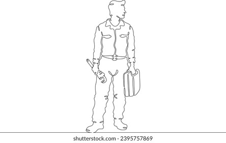 Klempner in Arbeitskleidung. Mechanik mit einem Werkzeug. Handyman. Scheiß! Reparieren. Eine durchgehende Linienzeichnung. Linear. Handgezeichnet, weißer Hintergrund. Eine Zeile.