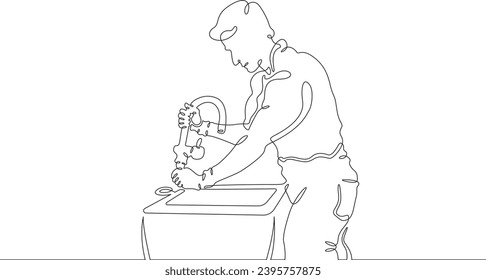 Plumber in work clothes. Mechanic with a tool. Handyman. Wrench. Repair. One continuous line drawing. Linear. Hand drawn, white background. One line.