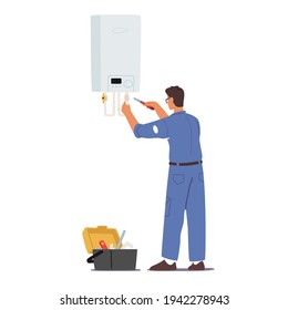 Plumber at Work Concept. Call Master Character in Robe Install Smart Heater. Husband for an Hour Repair Service, Worker Handyman with Pliers Fixing Broken Technics at Home. Cartoon Vector Illustration