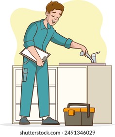 Concepto de trabajo del fontanero. Personaje reparador en overoles azules que arregla el fregadero roto en la cocina casera. Ilustración vectorial de dibujos animados