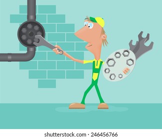plumber at work, creative approach with a wrench